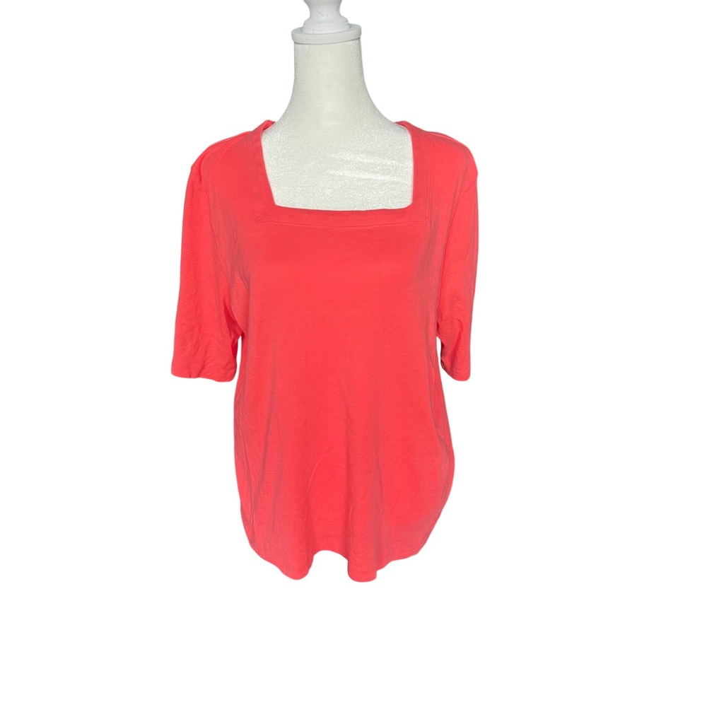 Amadora Sport Womens Coral Pink Square Neck Elbow Sleeve 100% Cotton Top Size L